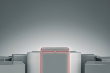 Zarif Blank ürün standı ışık ve ışıltıyla. Tasarım için küp platformu. Göstermek için kaldırım taşı. Gelecekçi kavram geçmişi. 3B görüntüleme