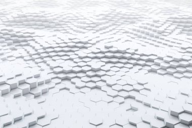 Soyut beyaz altıgen geometrik katmanlı. Gelecekçi altıgenler yüzeyi. Gelecekteki bilim kurgu konsepti. 3B Hazırlama.