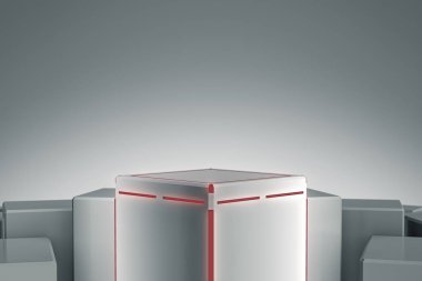 Zarif Blank ürün standı ışık ve ışıltıyla. Tasarım için küp platformu. Göstermek için kaldırım taşı. Gelecekçi kavram geçmişi. 3B görüntüleme