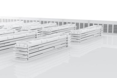 Raflı süpermarket. Beyaz mağaza. 3B görüntüleme.