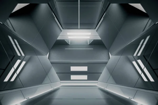 概要六角形の宇宙船回廊 光で未来的なトンネル 将来のインテリアの背景 ビジネス Sf科学の概念 3Dレンダリング — ストック写真