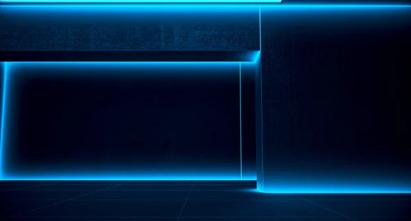 空房间里的蓝色霓虹灯 卷曲质感 未来主义背景 3D渲染说明 — 图库照片