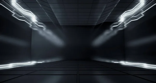 Absztrakt Futurisztikus Sötét Szoba Fehér Színes Neon Világító Fény Csövekkel — Stock Fotó