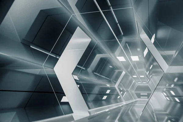 Абстрактний Шестикутний Коридор Космічного Корабля Футуристичний Тунель Світлом Майбутнє Внутрішнє — стокове фото