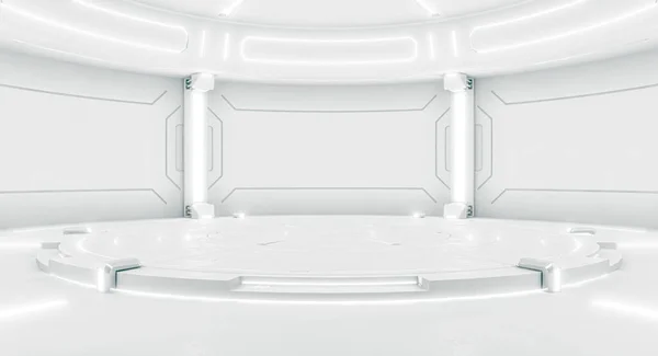 Boş sahneli fütüristik iç mekan. Modern Gelecek geçmişi. Teknoloji bilim kurgu hi-fi konsepti. 3d oluşturma