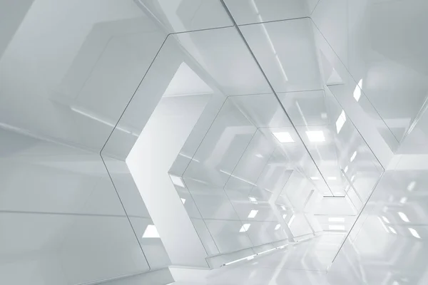 Абстрактний Шестикутний Коридор Космічного Корабля Футуристичний Тунель Світлом Майбутнє Внутрішнє — стокове фото