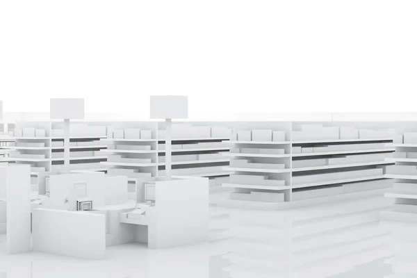 Supermarkt Mit Regalen White Store Rendering — Stockfoto