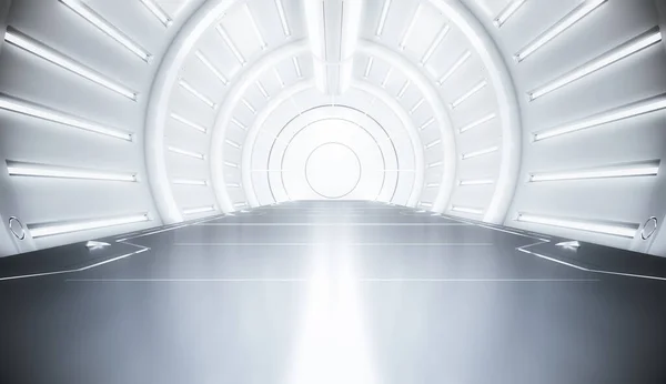 Işıklı gelecekçi beyaz tünel. Uzun koridor manzarası. Gelecekteki bilim kurgu konsepti. 3B görüntüleme.