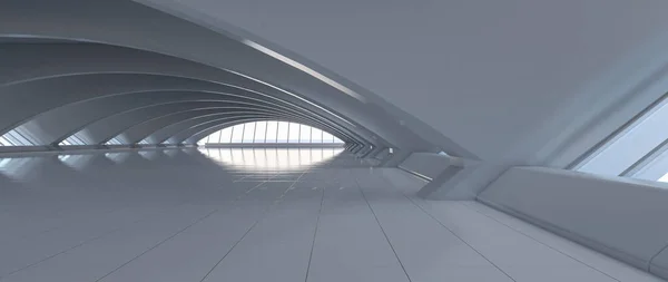 Futuristic curve tunnel. Long corridor interior view. Future modern showroom background concept. Abstract interior design. 3D rendering.