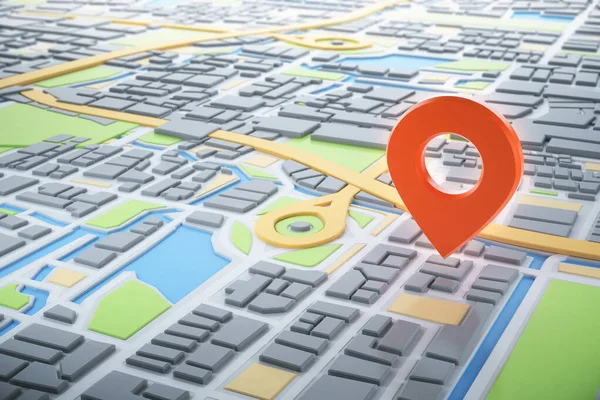 3D şehir haritası ve navigatör pimi. Navigasyon, konum rotası, seyahat ve turizm planlama konsepti. 3B illüstrasyon.