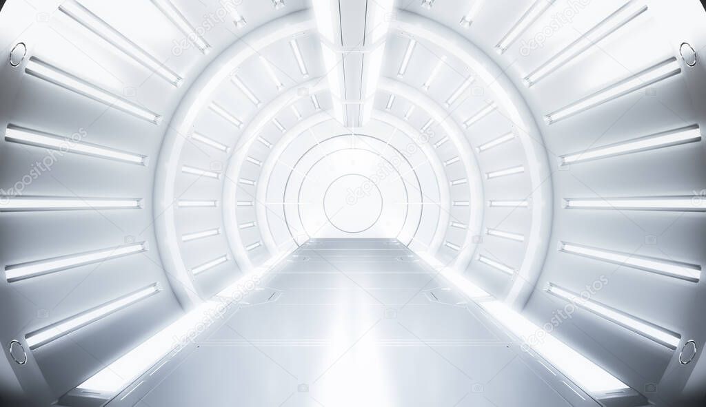 Futuristic white tunnel with light. Long corridor interior view. Future sci-fi background concept. 3D rendering.