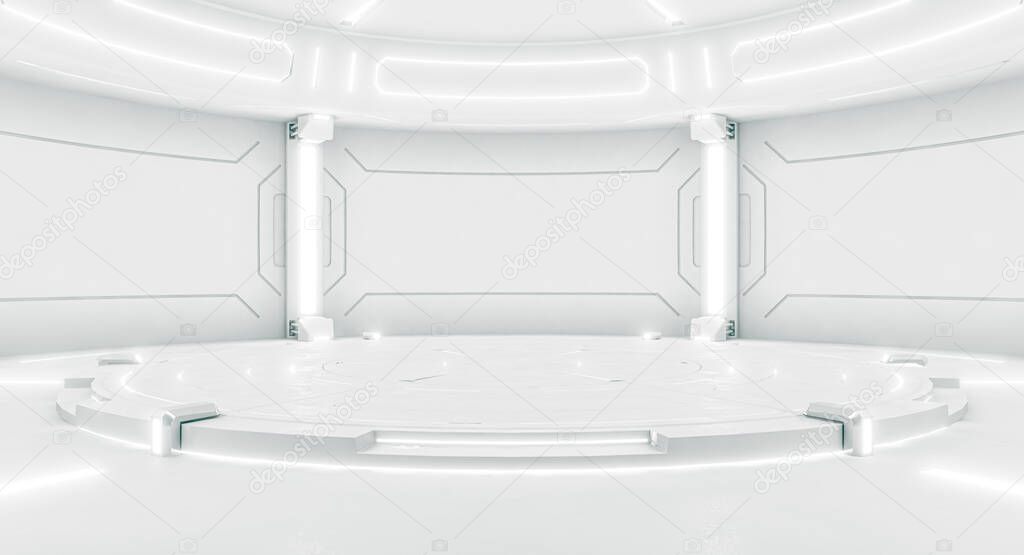 Futuristic interior with empty stage. Modern Future background. Technology Sci-fi hi tech concept. 3d rendering