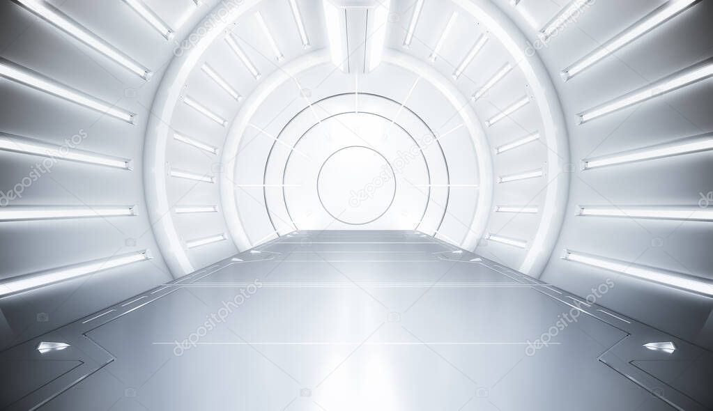 Futuristic white tunnel with light. Long corridor interior view. Future sci-fi background concept. 3D rendering.