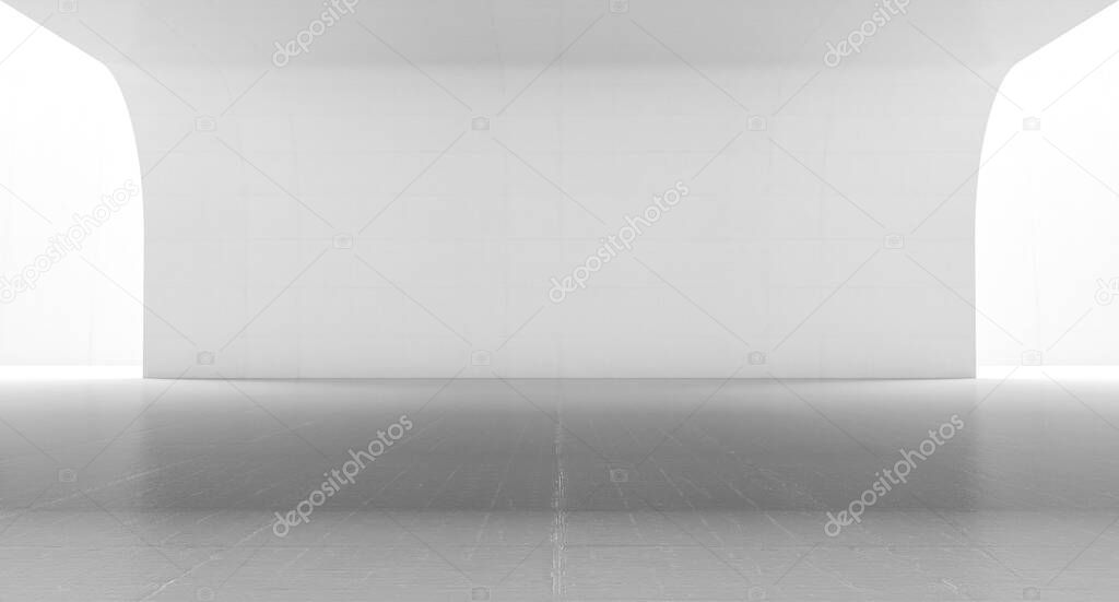 Empty abstract white space with curve wall. Modern blank showroom with floor. Future concept background. 3d rendering.