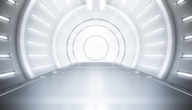 Işıklı gelecekçi beyaz tünel. Uzun koridor manzarası. Gelecekteki bilim kurgu konsepti. 3B görüntüleme.