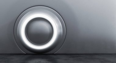 Beton zeminli gümüş metalik modern sergi elementinin soyut iç tasarımı. Boş Gelecek 3B Hazırlama Arkaplanı.