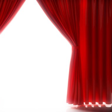 Beyaz arka planda yansıması olan kırmızı perdeler. 3d hazırlayıcı.
