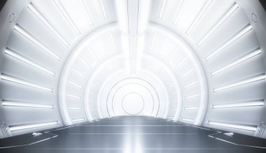 Işıklı gelecekçi beyaz tünel. Uzun koridor manzarası. Gelecekteki bilim kurgu konsepti. 3B görüntüleme.