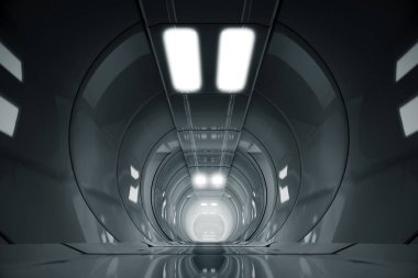 Soyut daire uzay gemisi koridoru. Işıklı geleceksel tünel. Geleceğin iç mimarisi, iş dünyası, bilim kurgu konsepti. 3d oluşturma