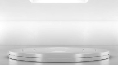 Yuvarlak beyaz sahne podyumu. Boş ürün standı. Ekran platformu. Tasarım için yayalar. 3B görüntüleme.
