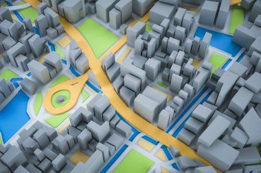 3D Şehir Haritası, seyahat ve turizm planlama konsepti. 3B illüstrasyon.