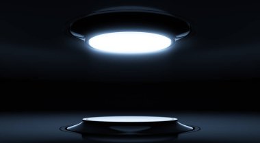 Soyut modern koyu renkli, zarif mavi iç mekan. Ürün sergisi için podyum. Eğimli sahne tasarımı fütüristik arka plan. 3d hazırlayıcı.