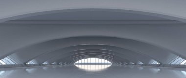 Fütürist eğri tüneli. Uzun koridor manzarası. Gelecekteki modern arka plan konsepti. Soyut iç tasarım. 3B görüntüleme.