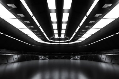 Modern Gelecek Karanlık Arkaplan Teknolojisi Bilim-Kurgu iç konsepti. 3d oluşturma