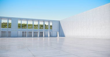 Boş beton duvarın soyut arkaplanı ve zemin ağaçlarla kaplı, modern güneş ışığı ve mavi Gökyüzü Sahnesi, 3D görüntüleme.