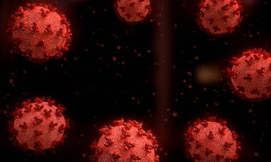 Grip virüsü hücreleri. Enfeksiyon mikroskobik görüntü Coronavirus COVID-19 'u kapatın. 3B illüstrasyon.