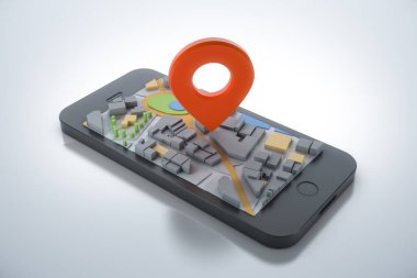 Navigator haritalı ve işaretli akıllı telefon. Navigasyon, konum rotası, seyahat ve turizm planlama konsepti. 3B illüstrasyon.