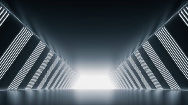 Işıklı, iç manzaralı geleceksel bir tünel. Gelecek geçmişi, iş hayatı, bilim kurgu ya da bilim konsepti. 3d illüstrasyon