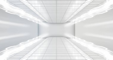 Modern Hi-Tech Boş Uzay Karanlık Odası Beyaz Renkli Parlak Işık Tüplü. Soyut Fütürist kavram geçmişi. 3B Resim Hazırlama