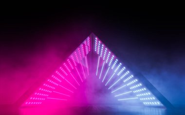 Soyut üçgen ışık tüneli arkaplanı. Parlayan çizgiler ultraviyole spektrum. Pembe, mavi duman ve yerdeki sis atmosferi. Moda canlı renk spektrumu. 3d oluşturma.
