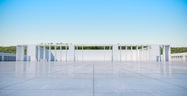 Boş beton duvarın soyut arkaplanı ve zemin ağaçlarla kaplı, modern güneş ışığı ve mavi Gökyüzü Sahnesi, 3D görüntüleme.