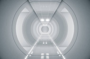 Soyut daire uzay gemisi koridoru. Işıklı geleceksel tünel. Geleceğin iç mimarisi, iş dünyası, bilim kurgu konsepti. 3d oluşturma