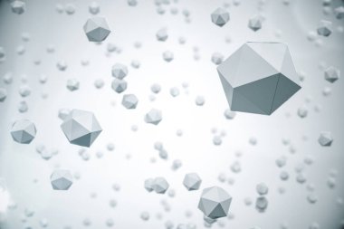 Soyut uçan parçacıklar platonik küreler ya da boşlukta çokgen toplar. Geleceğe yönelik bir geçmiş. Gelecek kavramı. 3d oluşturma