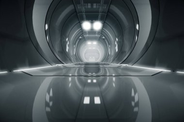 Soyut daire uzay gemisi koridoru. Işıklı geleceksel tünel. Geleceğin iç mimarisi, iş dünyası, bilim kurgu konsepti. 3d oluşturma