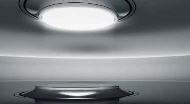 Soyut modern sergi salonu. Ürün sergisi için podyum. Eğimli sahne tasarımı fütüristik arka plan. 3d hazırlayıcı.