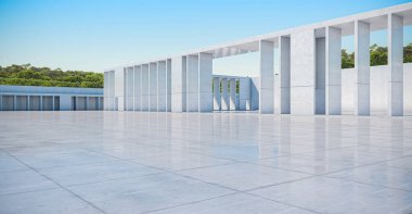 Boş beton duvarın soyut arkaplanı ve zemin ağaçlarla kaplı, modern güneş ışığı ve mavi Gökyüzü Sahnesi, 3D görüntüleme.