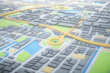 3D şehir haritası ve navigatör pimi. Navigasyon, konum rotası, seyahat ve turizm planlama konsepti. 3B illüstrasyon.