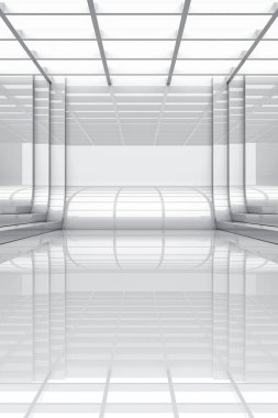 Işık ve yansıması olan soyut beyaz fon. Modern uzay sergi salonu konseptini vurguluyor. 3d oluşturma