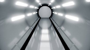 Fütürist tünel. Geleceğin iç mimarisi, bilim kurgu konsepti. 3d oluşturma.