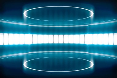 Parlak ışığı olan fütüristik boş sahne. Modern Gelecek Teknolojisi Bilim-Kurgu iç konsepti. 3d oluşturma