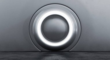 Beton zeminli gümüş metalik modern sergi elementinin soyut iç tasarımı. Boş Gelecek 3B Hazırlama Arkaplanı.