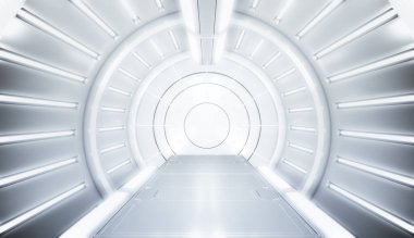 Işıklı gelecekçi beyaz tünel. Uzun koridor manzarası. Gelecekteki bilim kurgu konsepti. 3B görüntüleme.