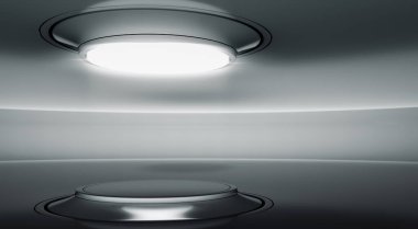 Soyut modern sergi salonu. Ürün sergisi için podyum. Eğimli sahne tasarımı fütüristik arka plan. 3d hazırlayıcı.