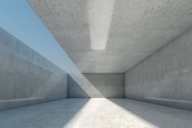 Açık tavan ve duvarlı soyut boş beton oda arkaplanı, 3D illüstrasyon.