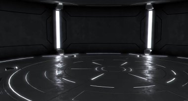 Boş sahneli fütüristik iç mekan. Modern Gelecek geçmişi. Teknoloji bilim kurgu hi-fi konsepti. 3d oluşturma