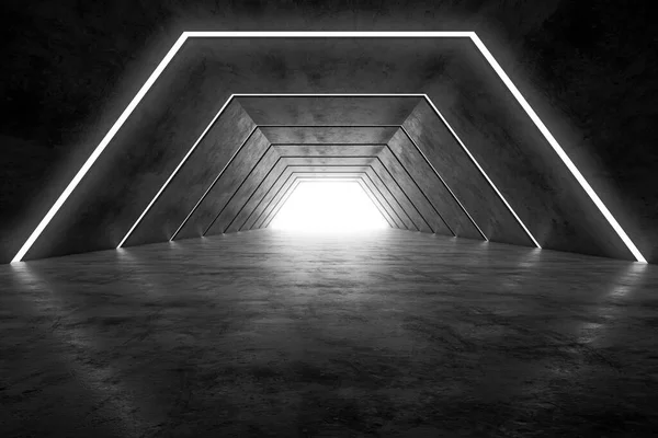 未来派黑暗走廊室内设计 具有浅层背景的未来概念隧道 3D渲染 — 图库照片